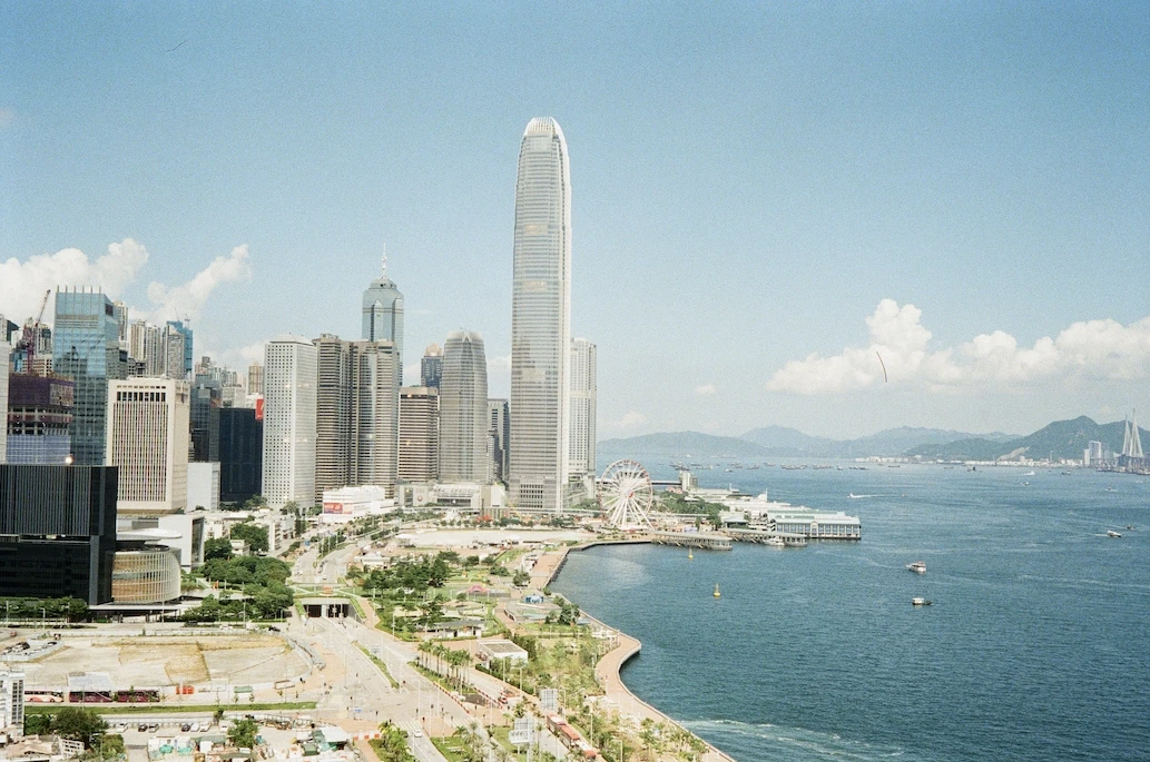 The Central skyline and Victoria Harbour on a clear day, seen from a high viewpoint