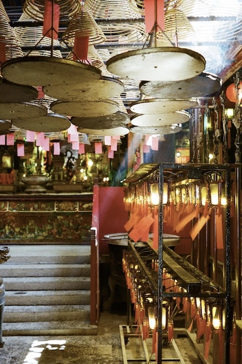 Coils of incense hanging from the ceiling inside Man Mo Temple