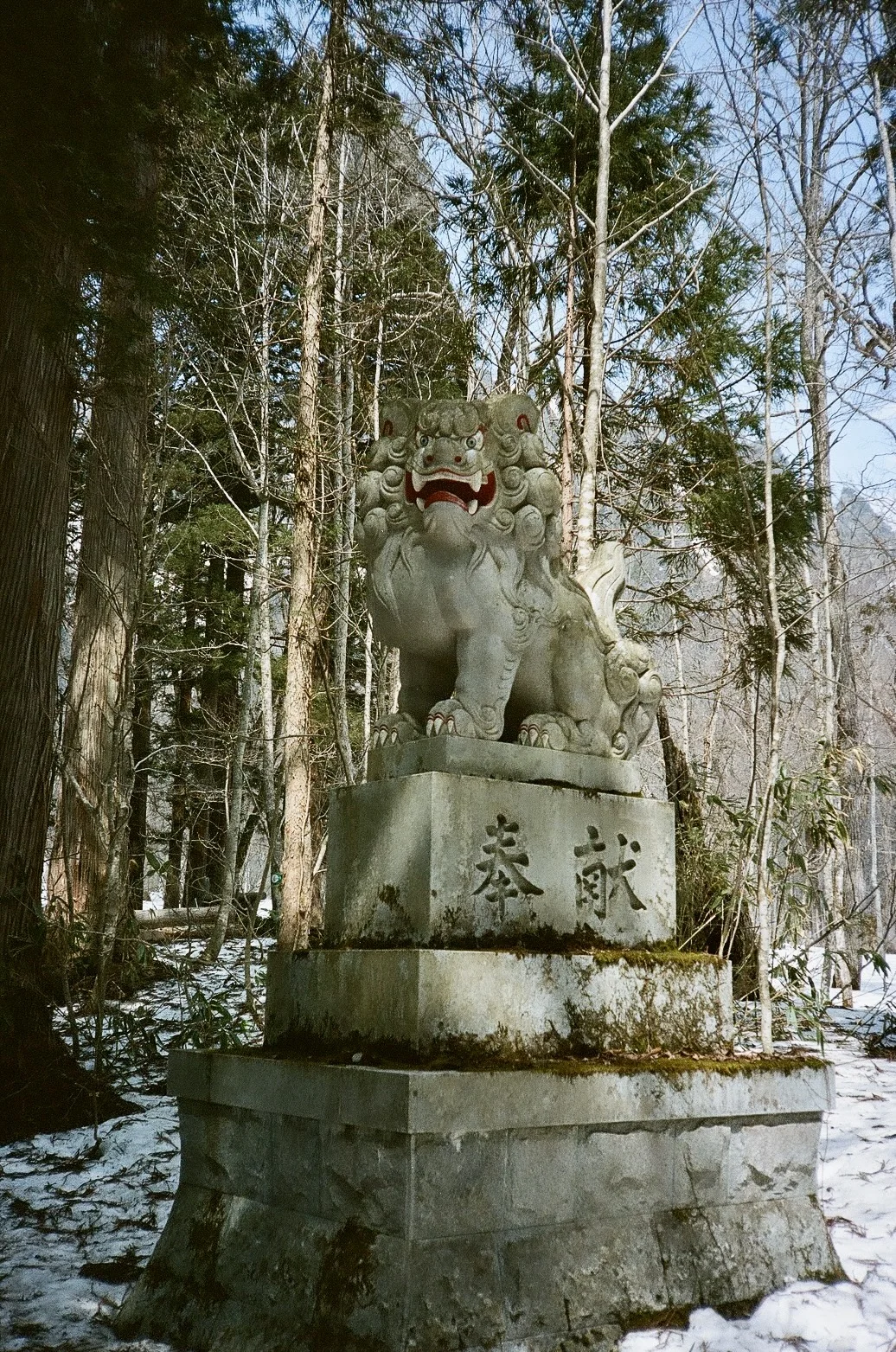 A stone komainu guardian lion on a carved plinth with snow on its back
