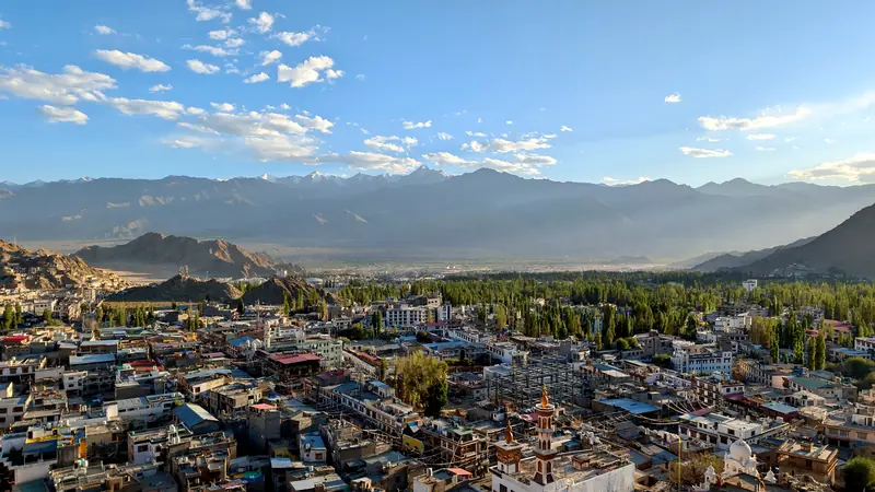 View from Leh Palace over the old town, poplar groves and the valley beyond