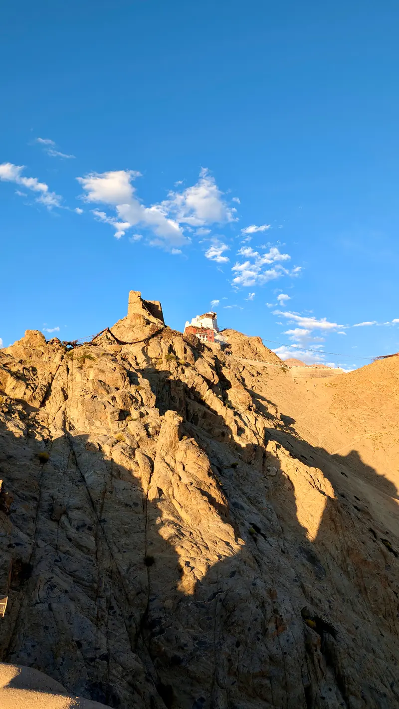Namgyal Tsemo temple on its rocky crag above Leh in golden evening light
