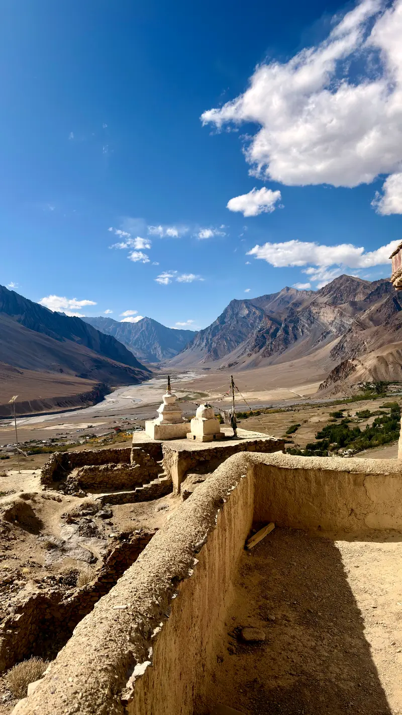 Old chortens at the edge of Zangla with the broad Zanskar valley beyond